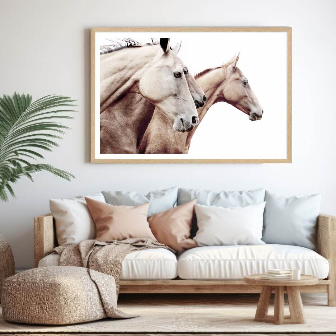 3 Palomino Horses Wall Art Print with a frame and white border by Beautiful Home Decor for your living room wall.