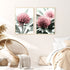 Set of 2 Australian Native Waratah Flowers Wall Art Photo Prints with Timber Frame on bedroom wall