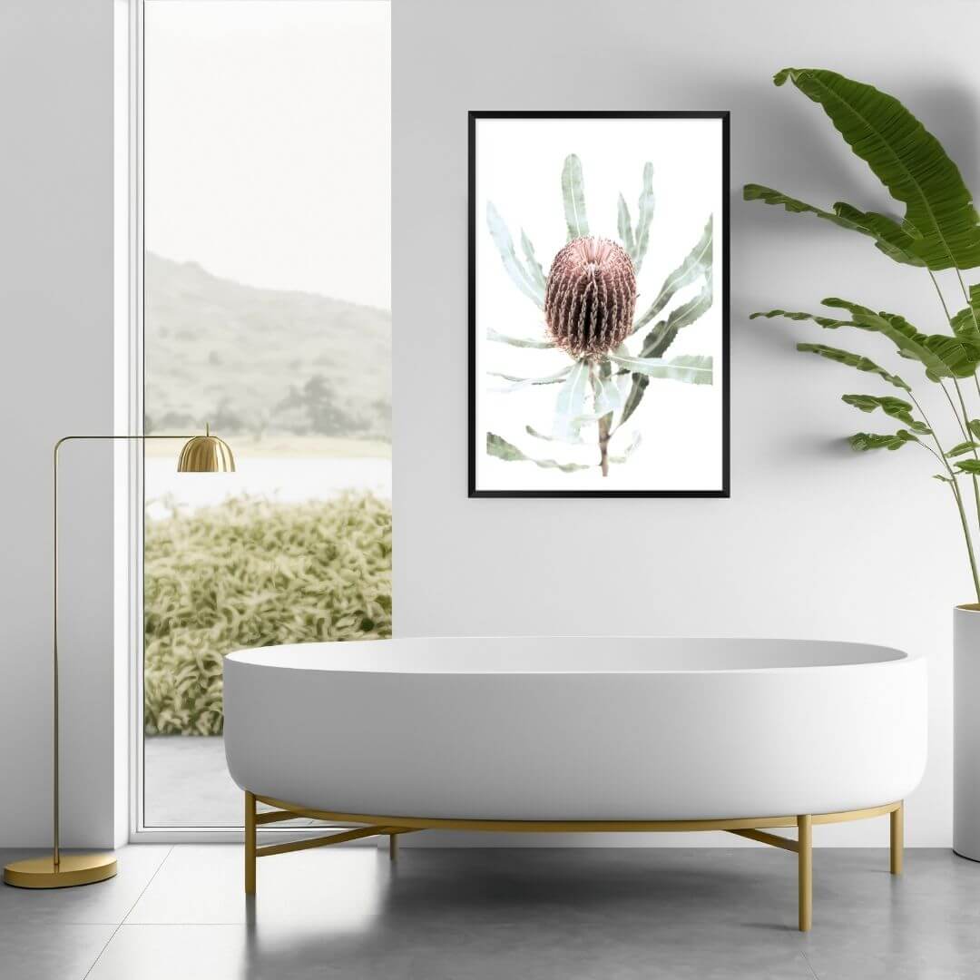 The wall art print of an Australian Native Banksia Floral B with a black frame or unframed for your bathroom walls