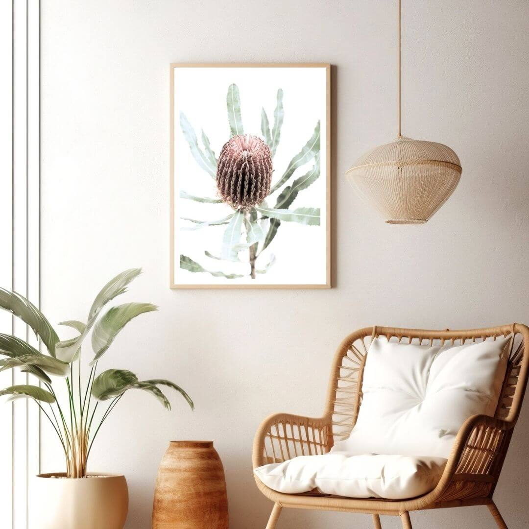 The wall art print of an Australian Native Banksia Floral B with a timber frame or unframed on a living room wall