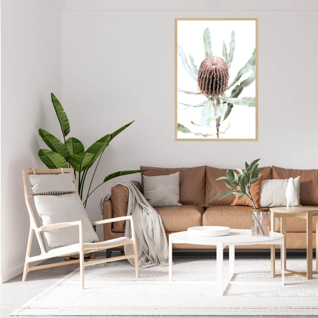 An artwork featuring a beautiful Australian native peach Banksia flower B, available framed or unframed in a living room