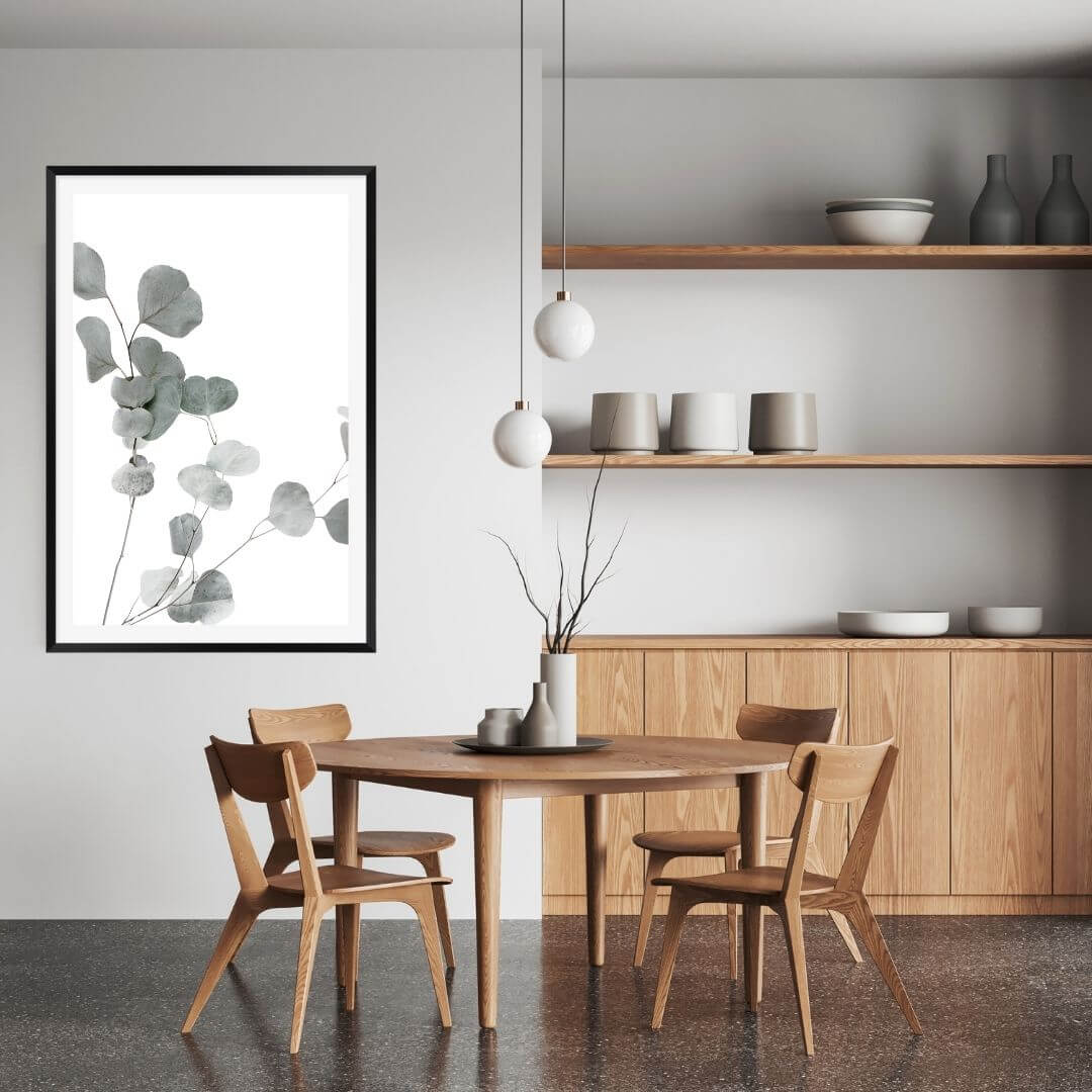 A large wall art photo print of an Australian native eucalyptus leaves A with a black frame or unframed for your dining room