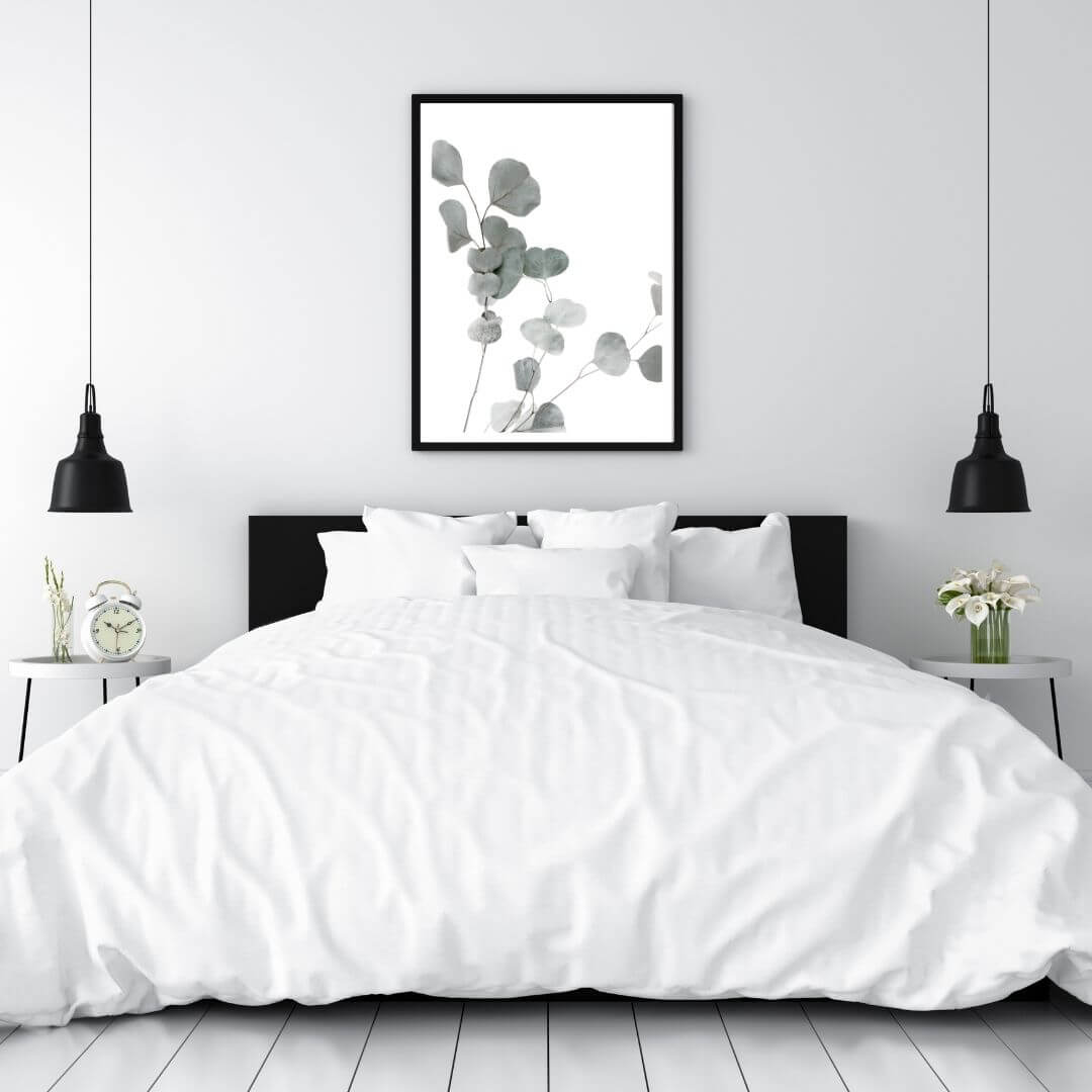 A wall art photo print of an Australian native eucalyptus leaves A artwork with a black frame for the wall in your bedroom