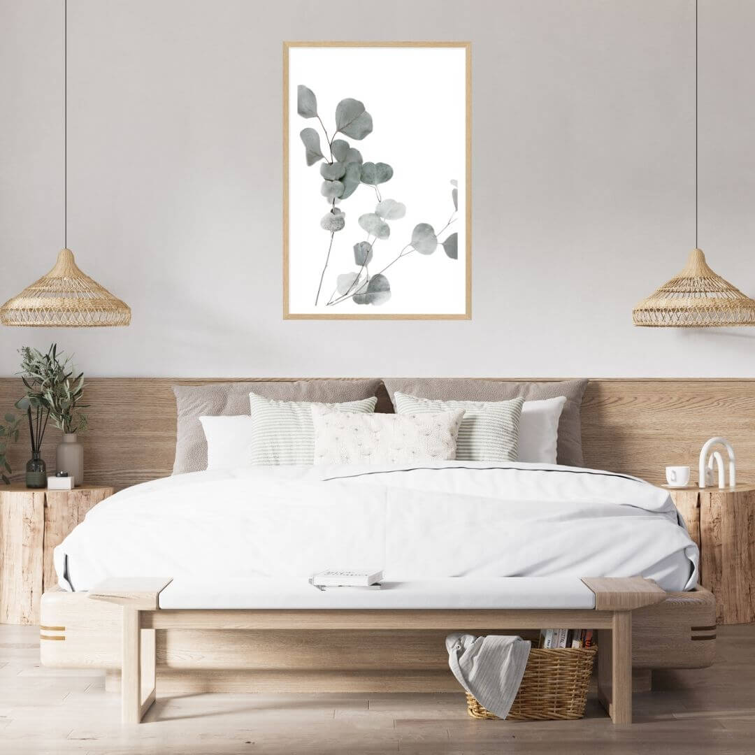 A wall art photo print of an Australian native eucalyptus leaves A with a timber frame to decorate your bedroom by Beautiful Home Decor
