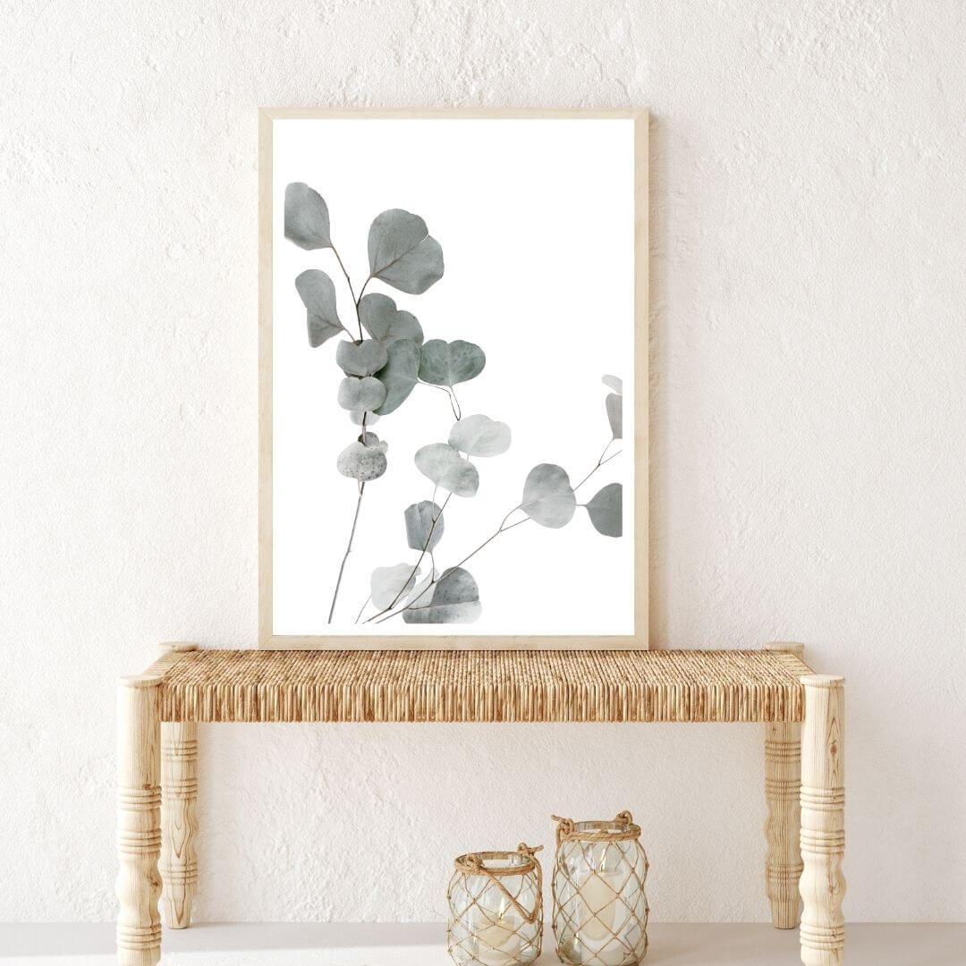 A wall art photo print of an Australian native eucalyptus leaves A with a timber frame in hallway shop online at Beautiful Home Decor with free shipping