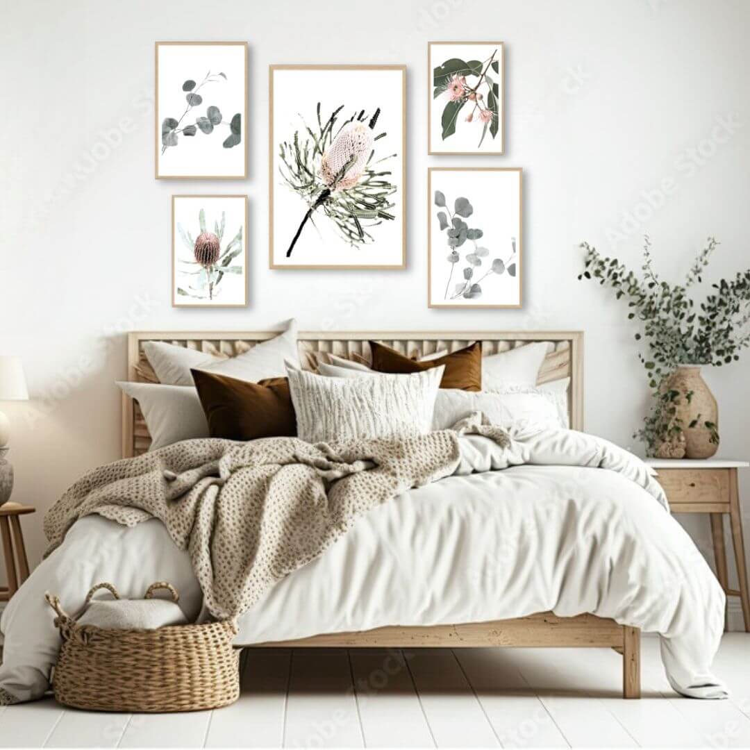A framed wall art gallery set of Australian Natives prints to decoate your bedroom walls