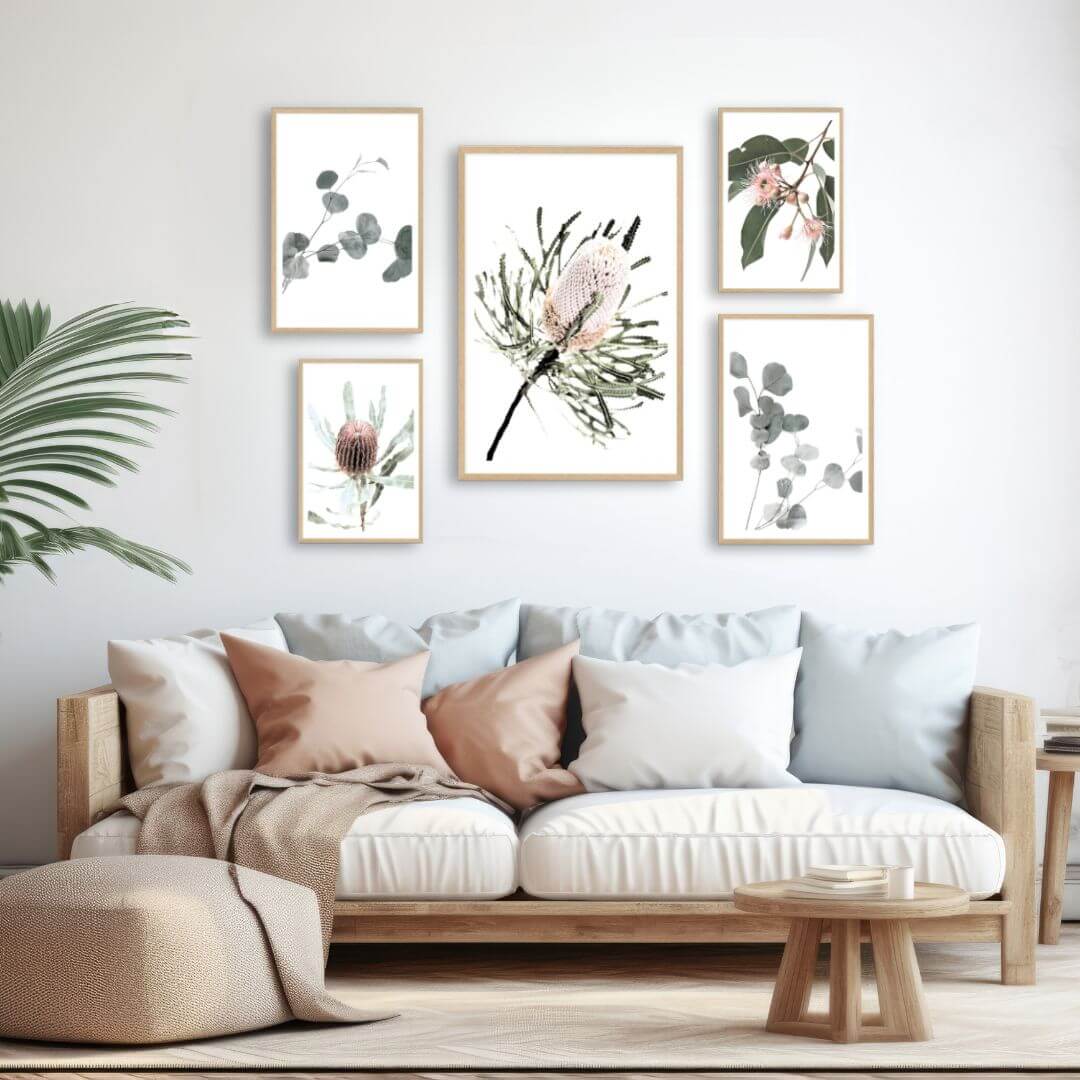 A set fo 5 Australian Native wall art prints in a gallery wall art set to style your living room