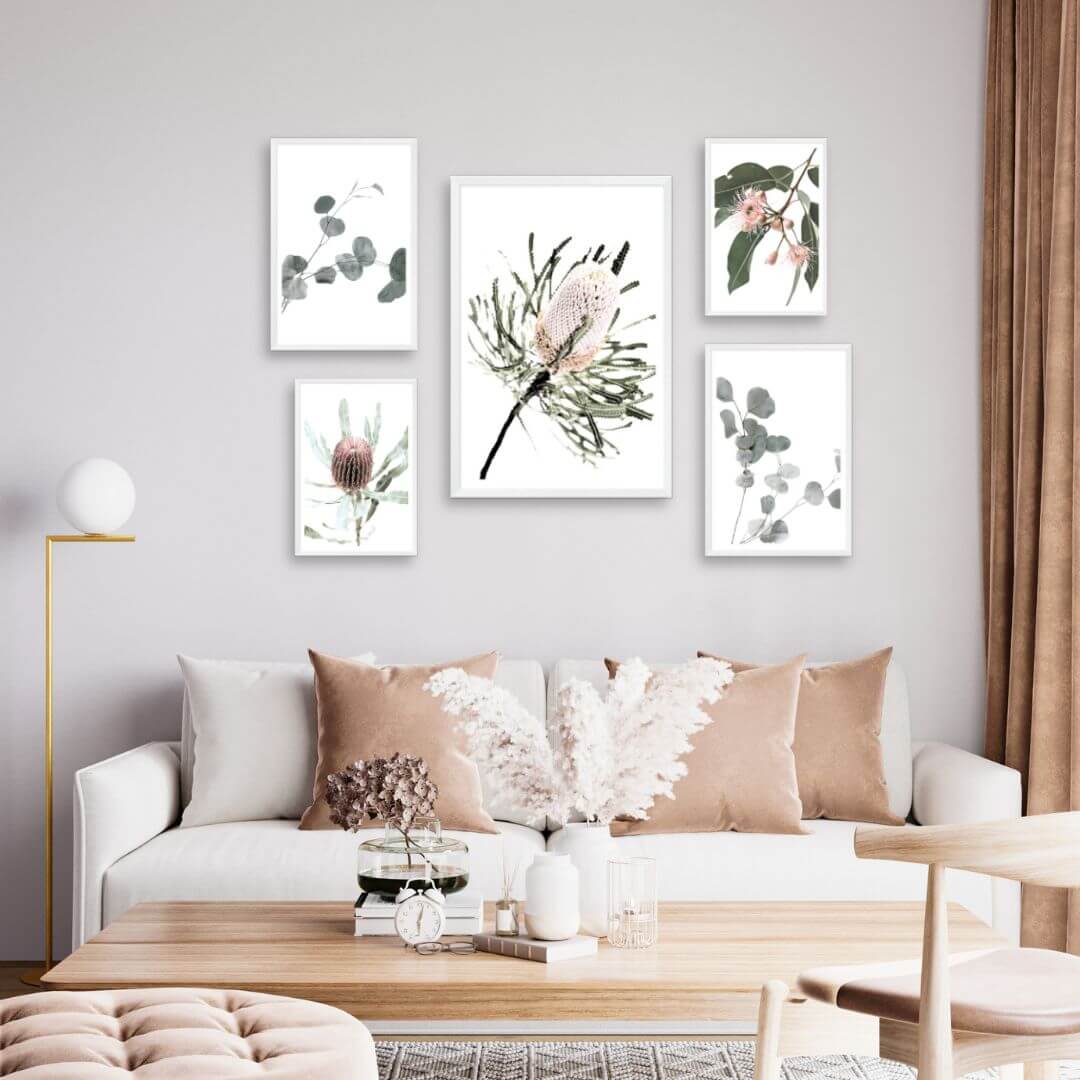 A gallery wall art set of 5 Australian Natives Flowers with or without a white border