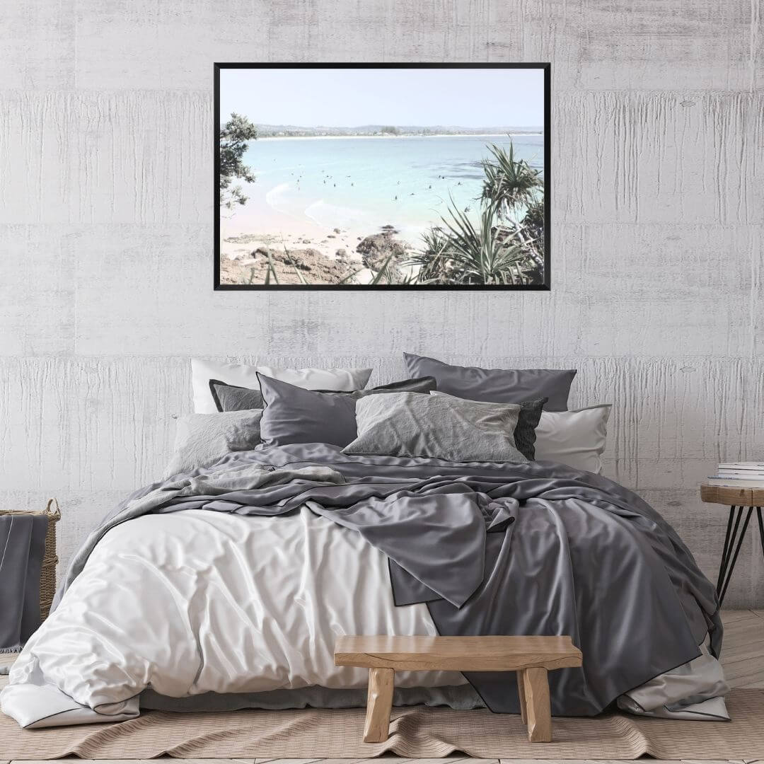 A wall art photo print of a Australian Watego Surf Beach B Byron Bay with a frame in black for your bedroom walls