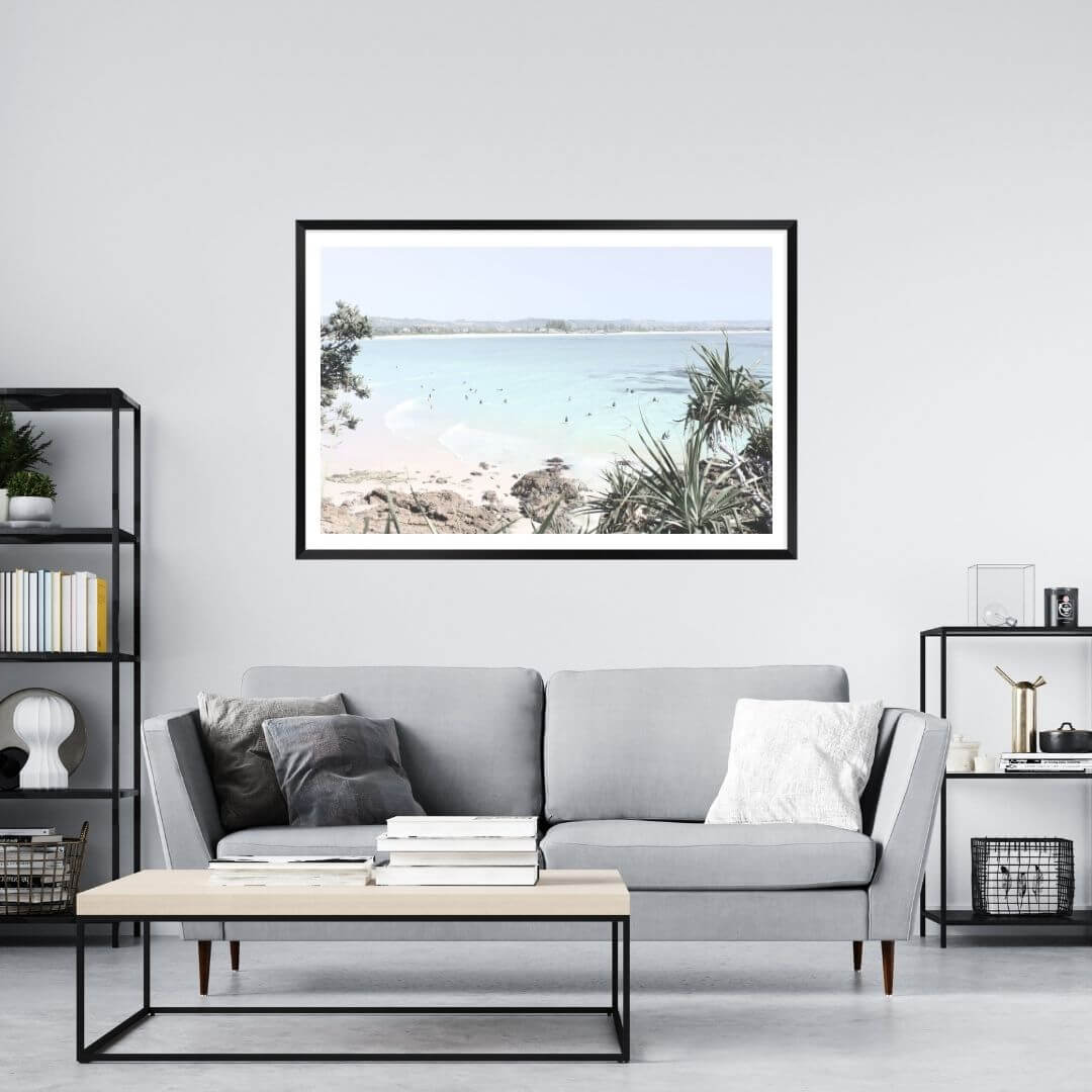 A wall art photo print of a Australian Watego Surf Beach B with a black frame, no border on office study room wall