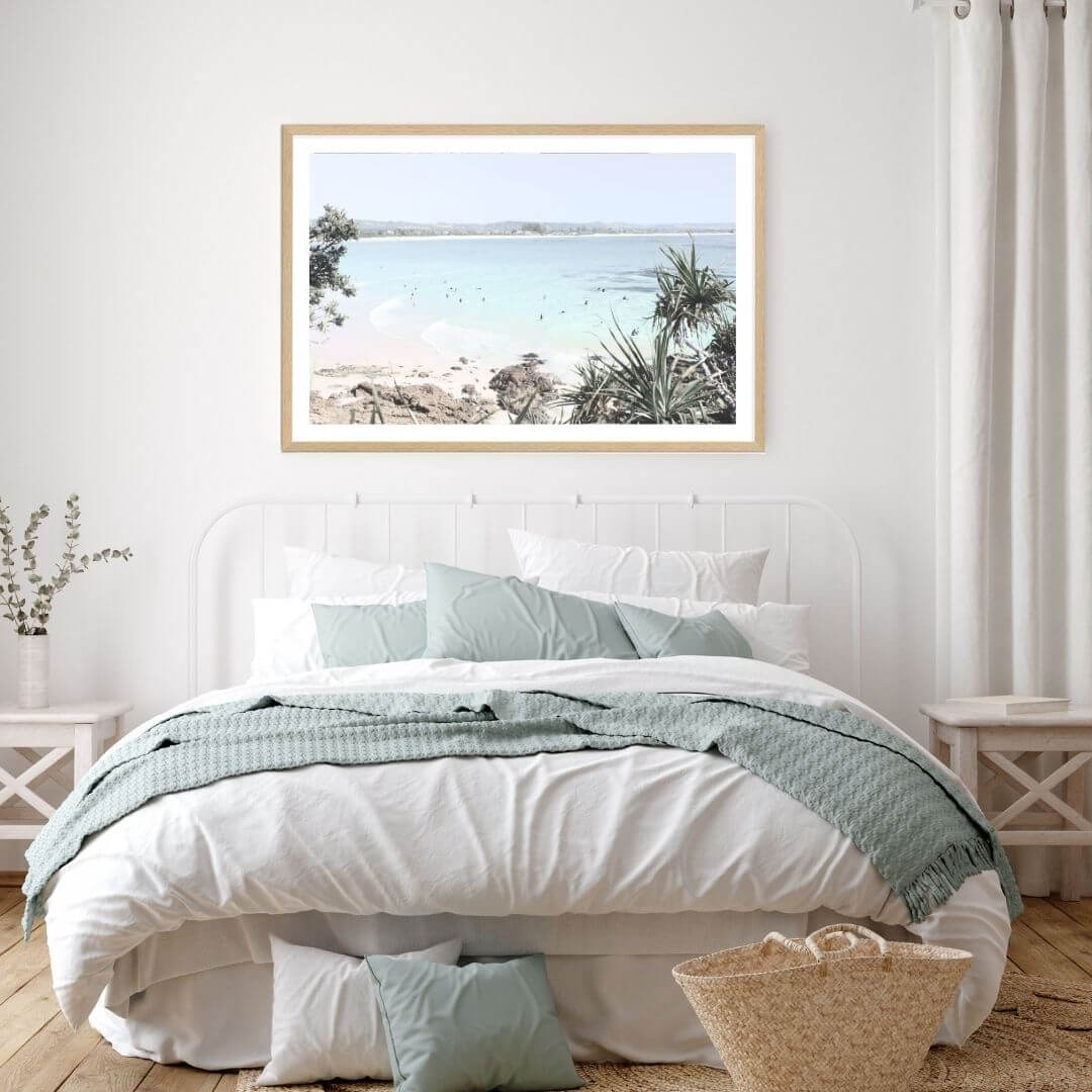A wall art photo print of a Australian Watego Surf Beach B with a timber frame to decorate your bedroom by Beautiful Home Decor