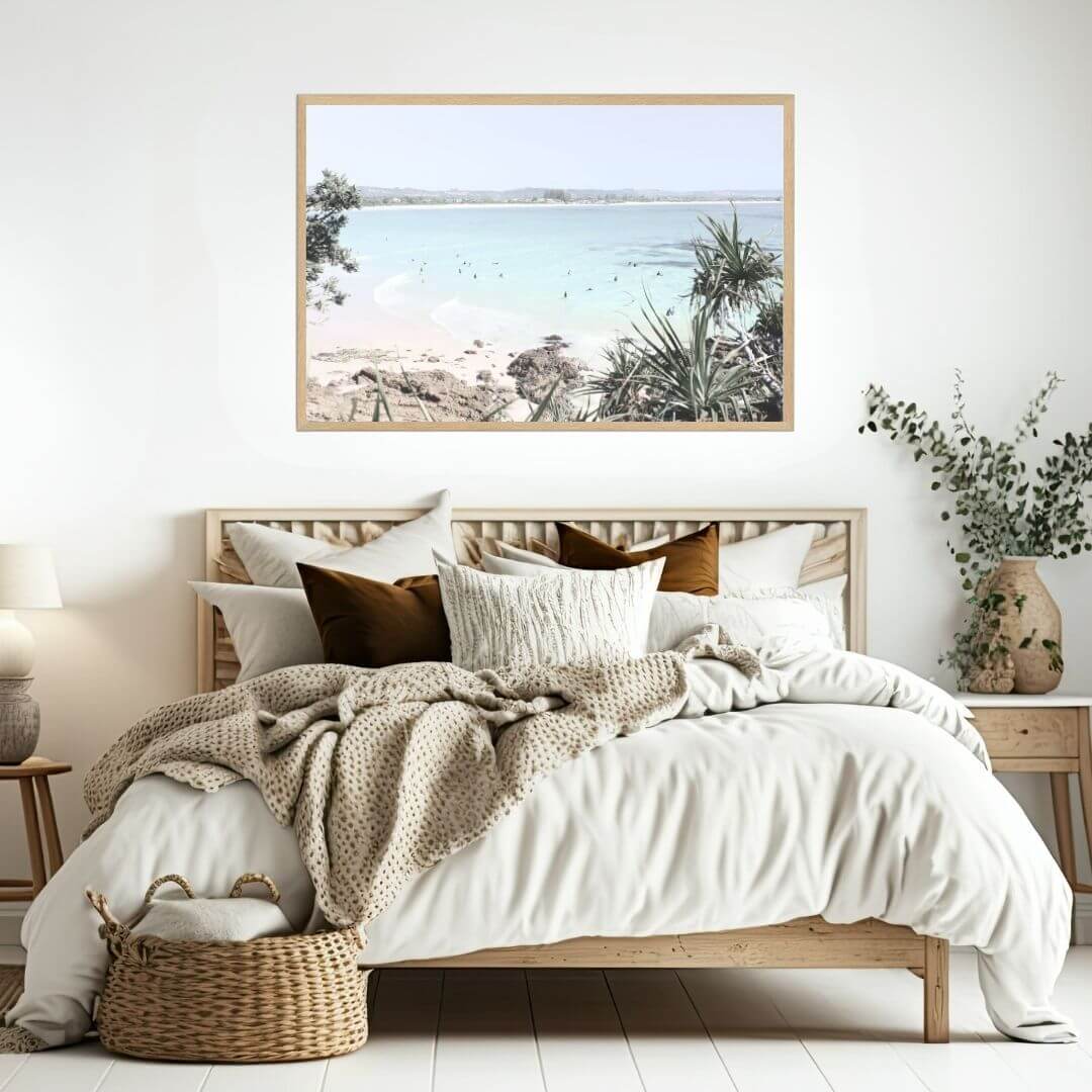 A wall art photo print of a Australian Watego Surf Beach B with a timber frame or unframed for your bedroom empty walls