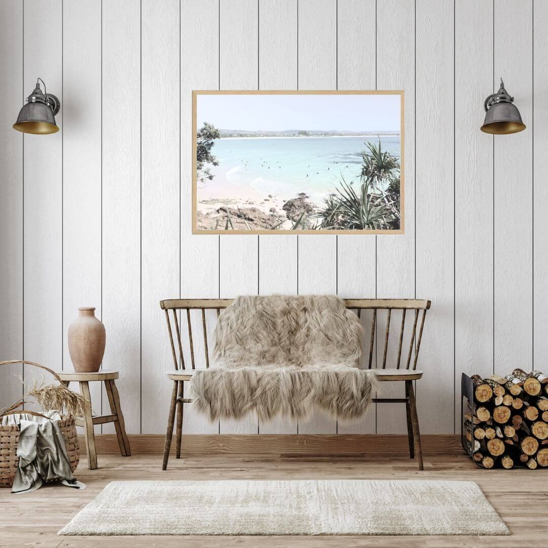 A wall art photo print of a Australian Watego Surf Beach B with a timber frame in hallway shop online at Beautiful Home Decor with free shipping