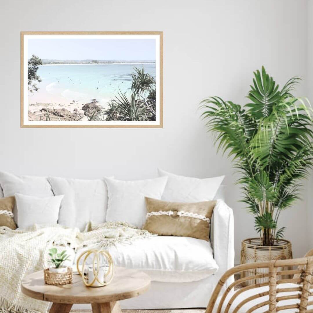 A wall art photo print of a Australian Watego Surf Beach B Byron Bay with a timber frame for the wall in your living room