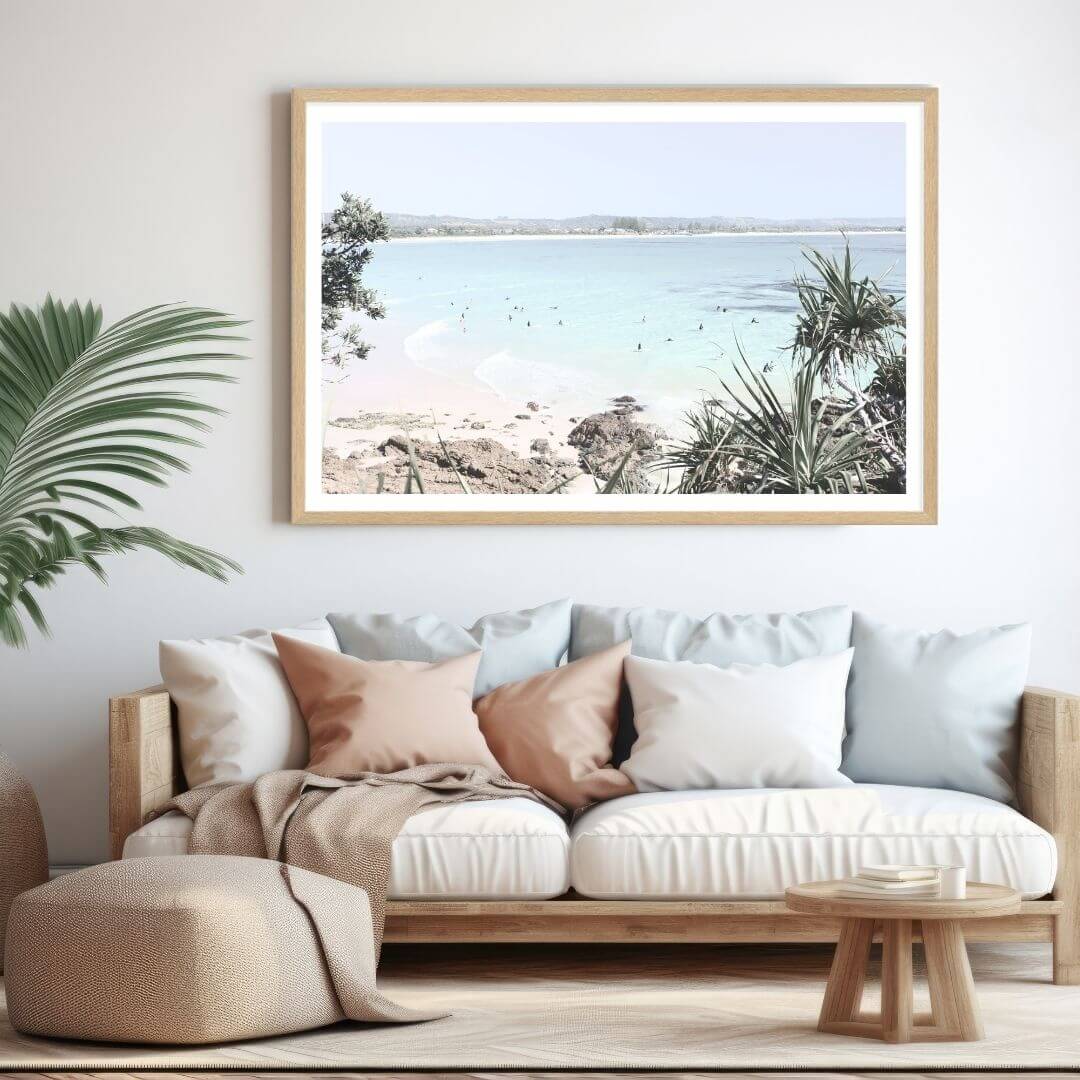 A wall art photo print of a Australian Watego Surf Beach B  Byron Bay with a timber frame to style a wall in living room