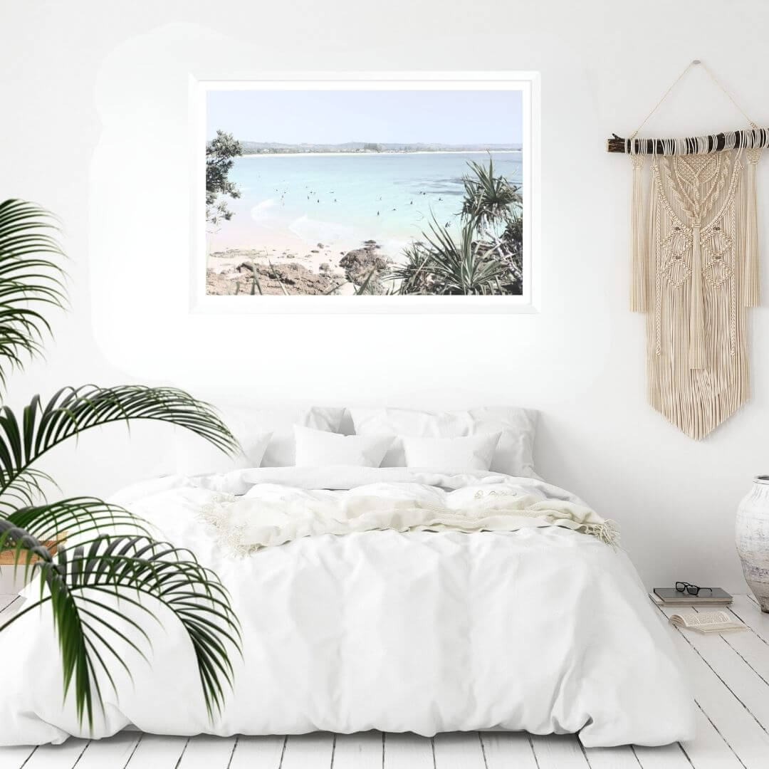 A wall art photo print of a Australian Watego Surf Beach B with a white frame or unframed to style your coastal bedroom walls