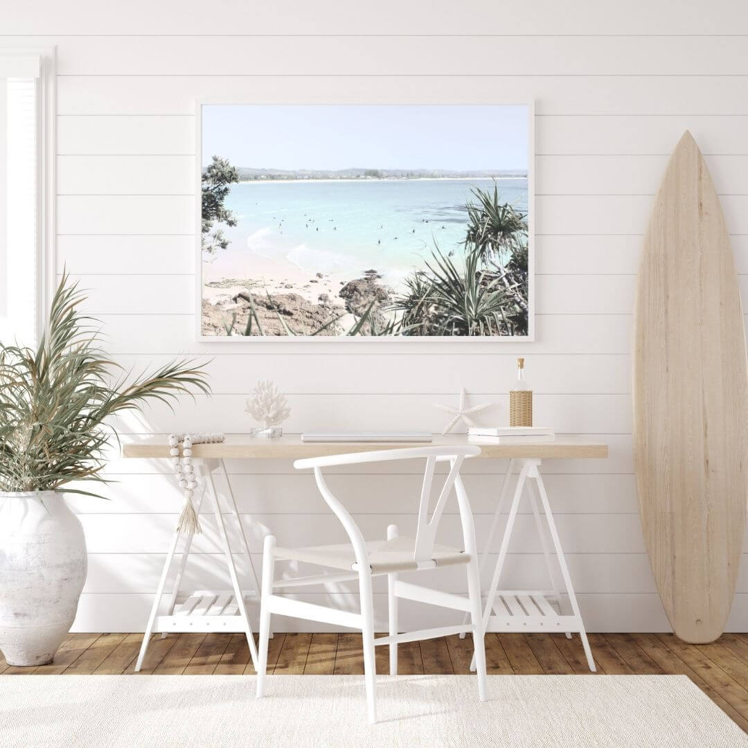 A wall art photo print of a Australian Watego Surf Beach B with a white frame or unframed for the wall in an office study kids room