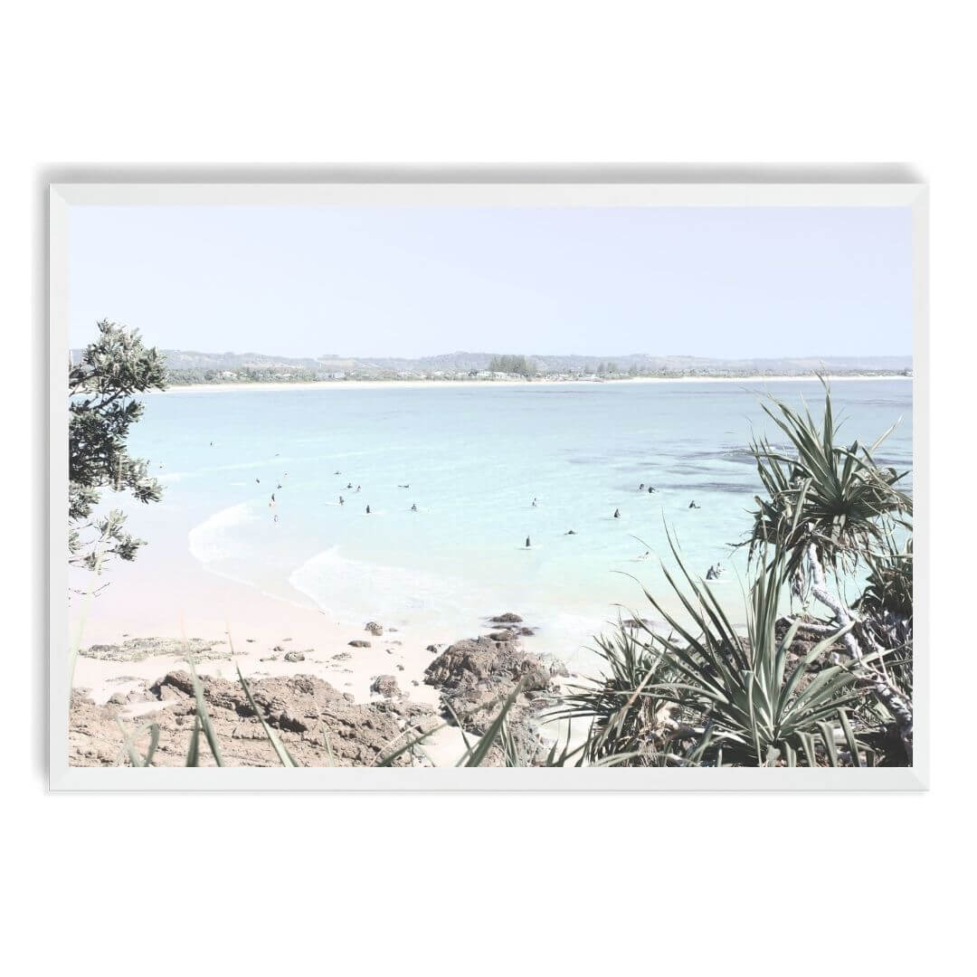 A wall art photo print of a Australian Watego Surf Beach B with a white frame, no white border at Beautiful HomeDecor
