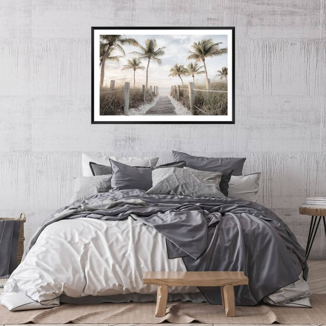 A wall art photo print of a pathway to a beach on the keys florida with palm trees with a black frame for the wall in your bedroom