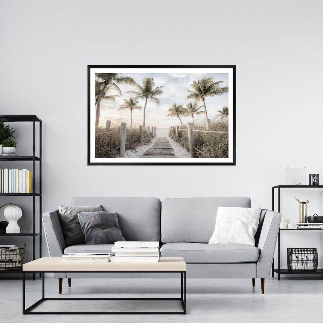 A wall art photo print of a pathway to a beach on the keys florida with palm trees with a black frame or unframed to decorate a wall in your living room