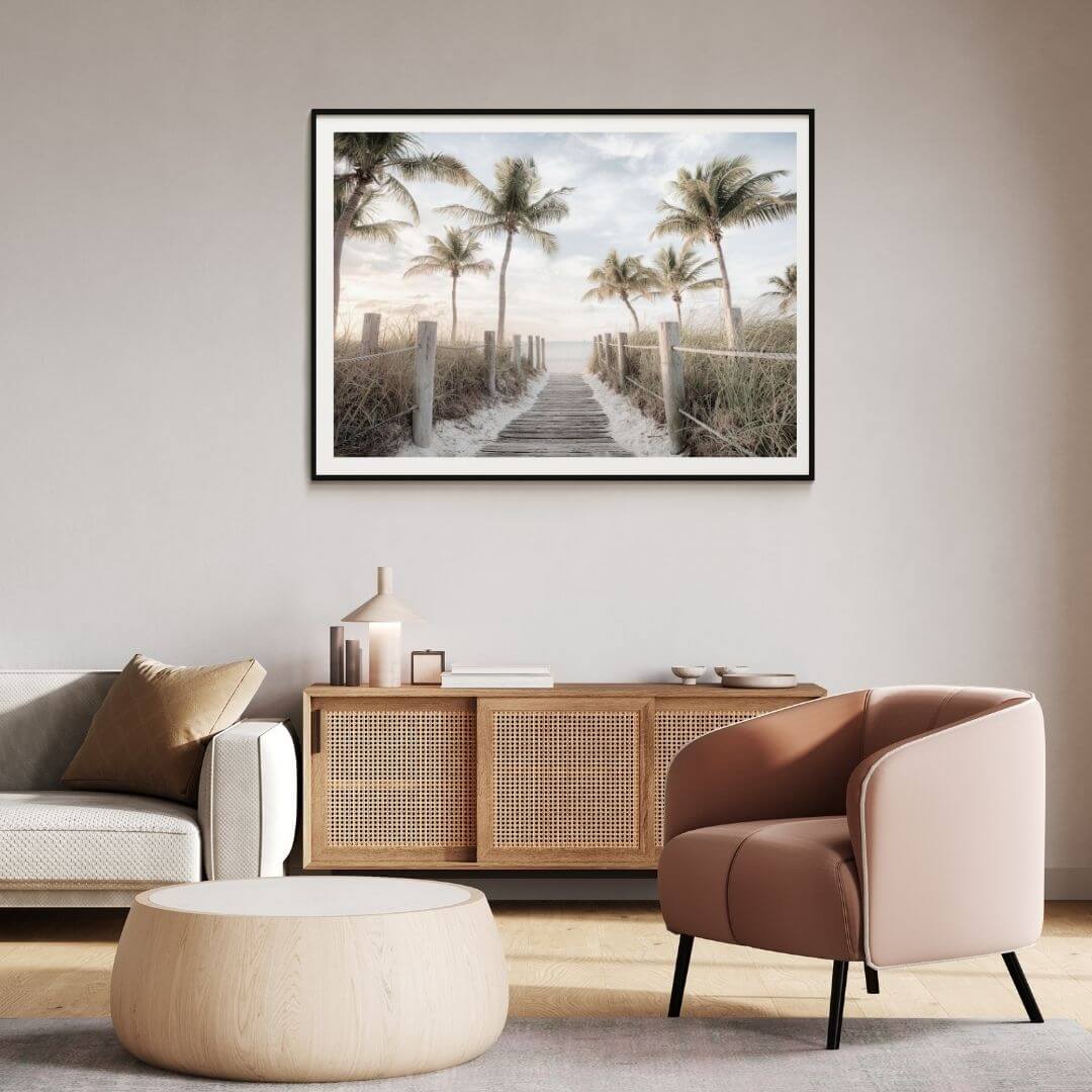 A wall art photo print of a pathway to a beach on the keys florida with palm trees with a black frame or unframed for your office study wall