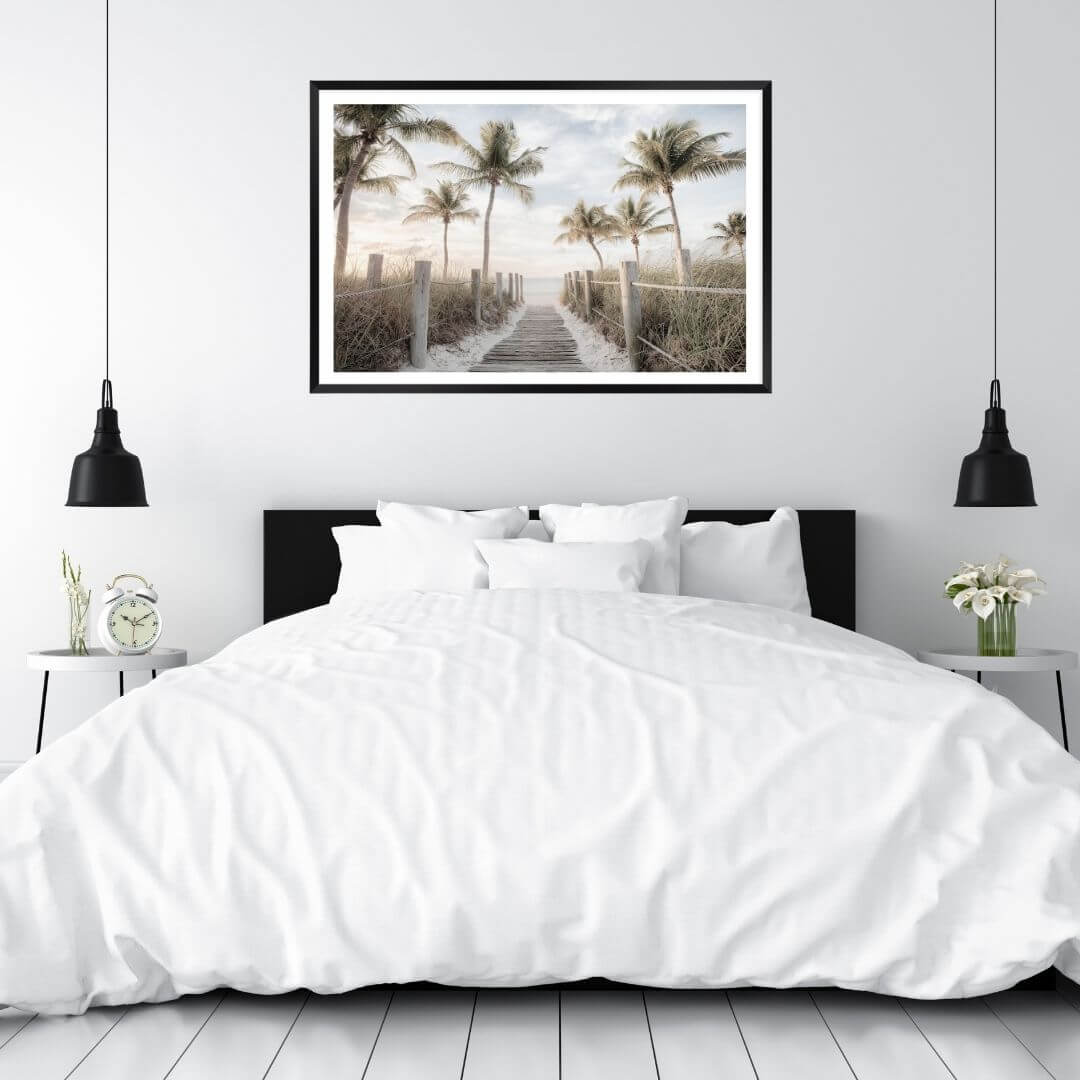 A wall art photo print of a pathway to a beach on the keys florida with palm trees with a black frame or unframed for your bedroom empty walls