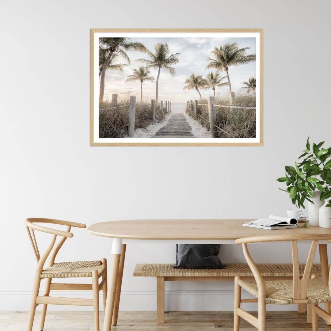 A wall art photo print of a pathway to a beach on the keys florida with palm trees with a timber frame or unframed to style your dining room walls