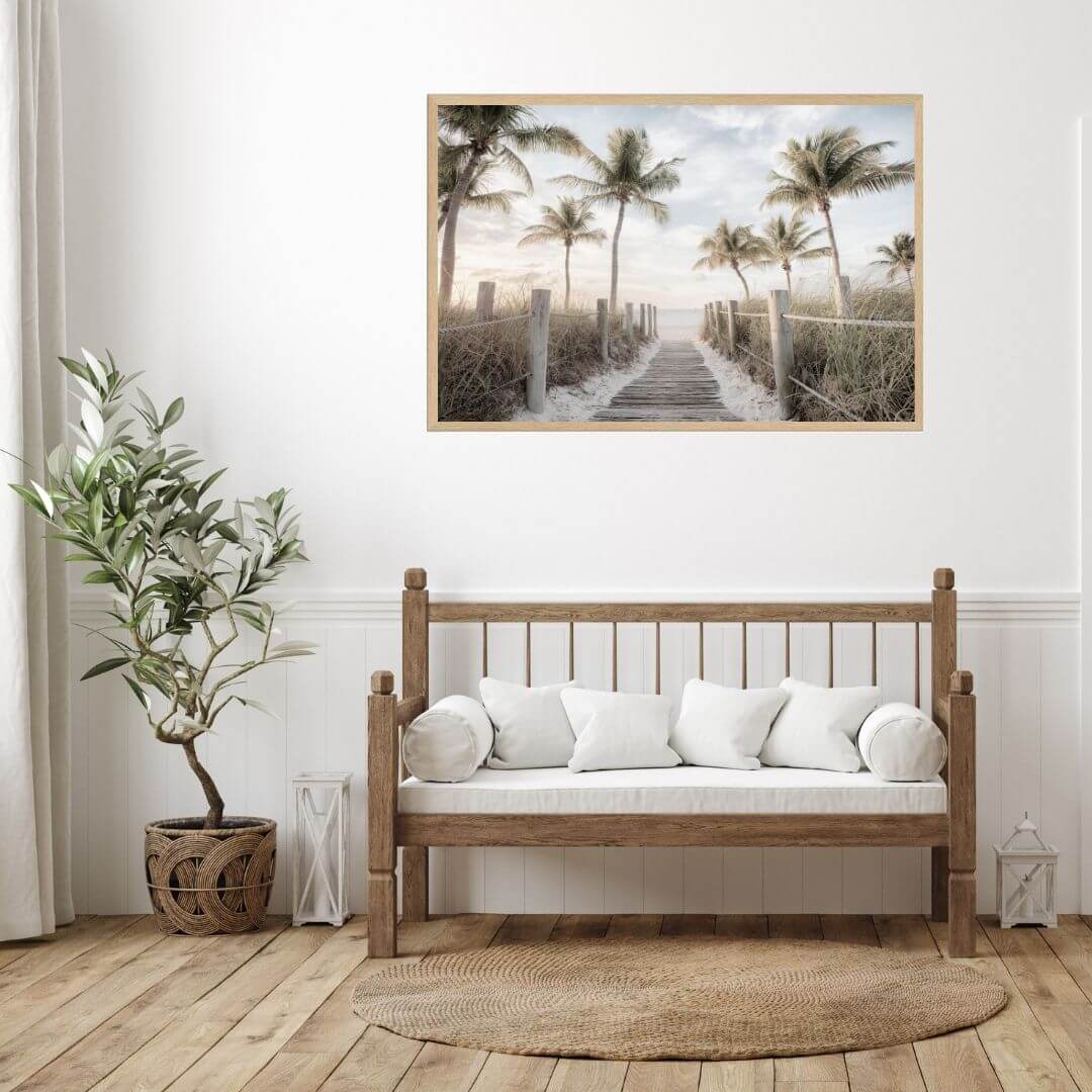 A wall art photo print of a pathway to a beach on the keys florida with palm trees with a timber frame in hallway shop online at Beautiful Home Decor with free shipping