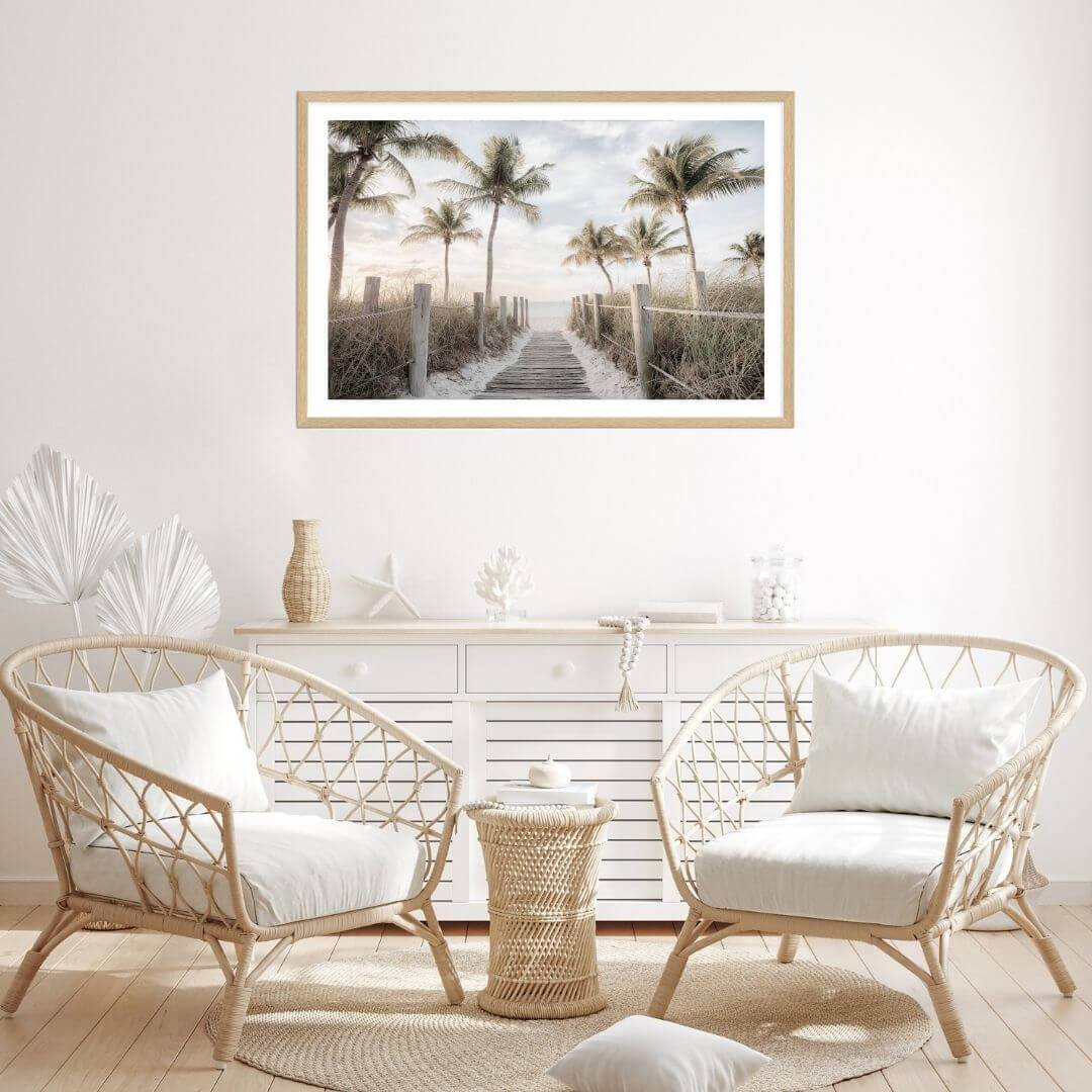 A wall art photo print of a pathway to a beach on the keys florida with palm trees with a timber frame or unframed to decorate walls in living room