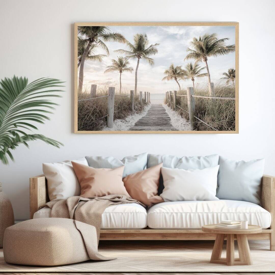 A wall art photo print of a pathway to a beach on the keys florida with palm trees with a timber frame for the living room by Beautiful HomeDecor