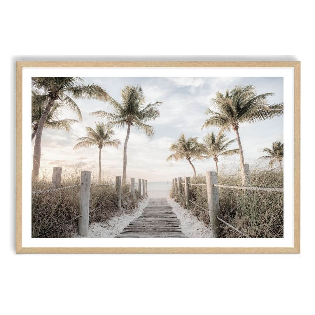 A wall art photo print of a pathway to a beach on the keys florida with palm trees with a timber frame, white border by Beautiful Home Decor
