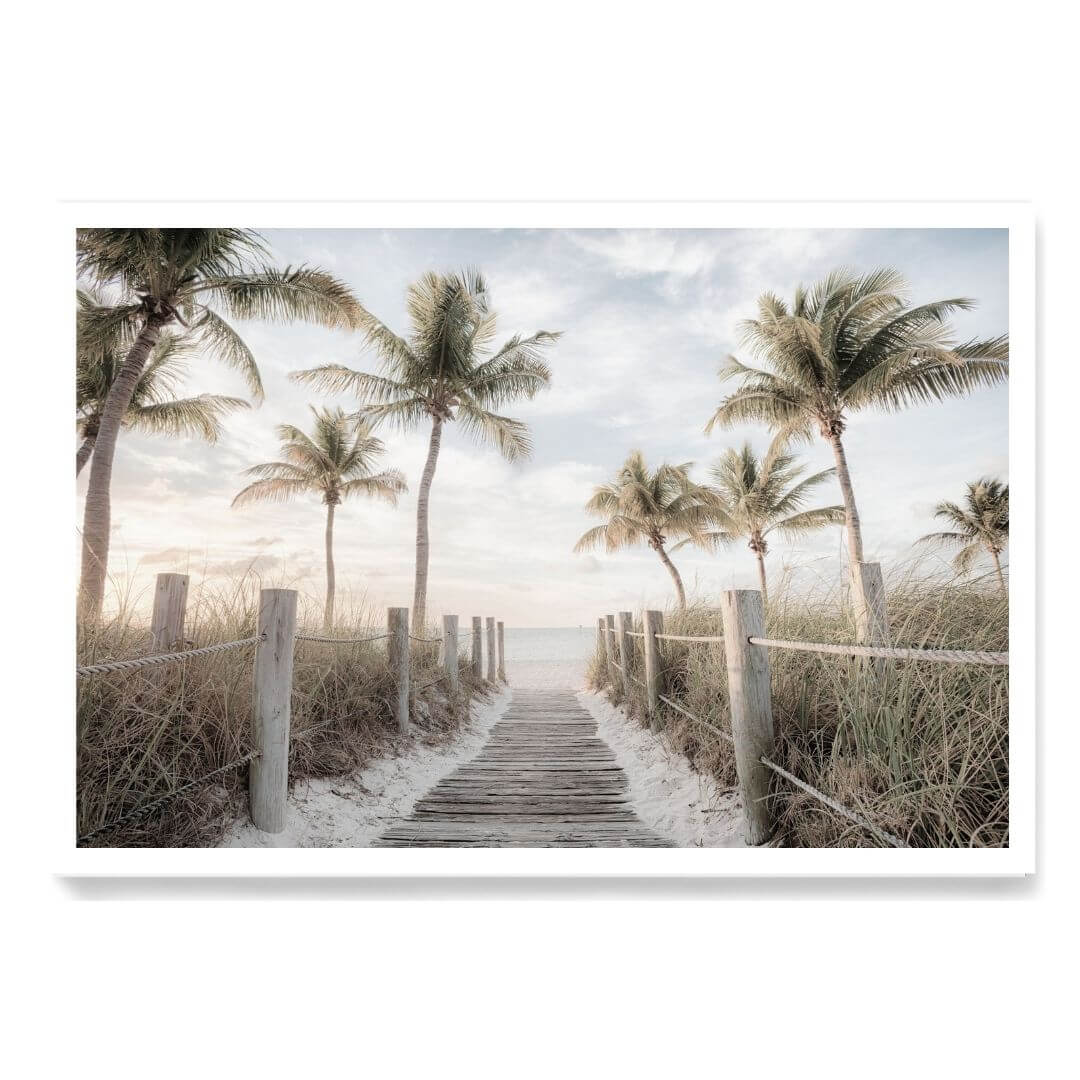 A wall art photo print of a pathway to a beach on the keys florida with palm trees unframed with a white border by Beautiful HomeDecor