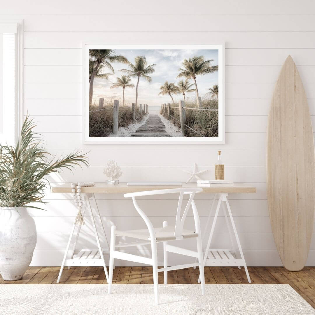 A wall art photo print of a pathway to a beach on the keys florida with palm trees with a white frame or unframed for the wall in a kids or teens coastal room