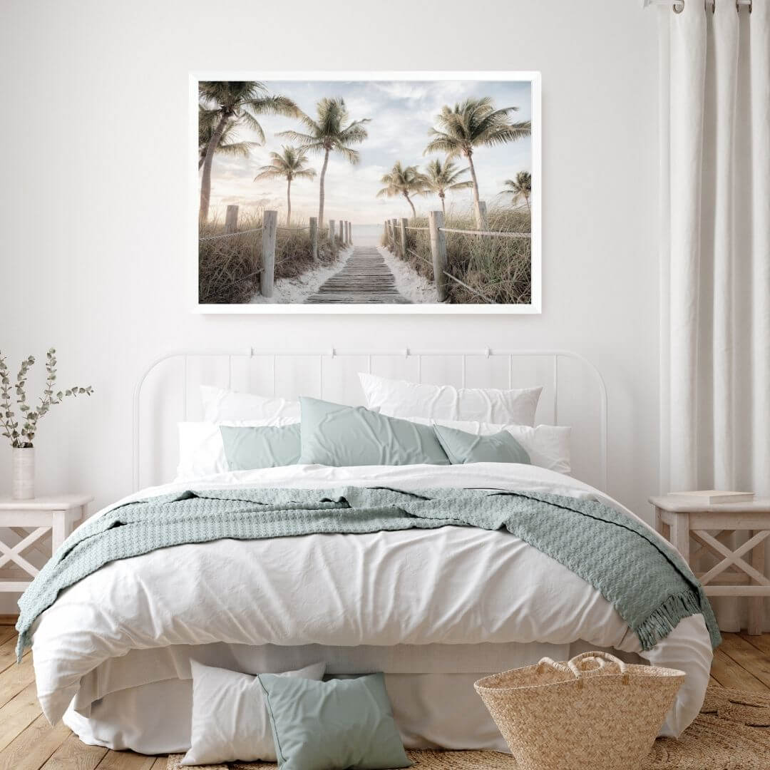 A wall art photo print of a pathway to a beach on the keys florida with palm trees with a white frame or unframed for your bedroom walls