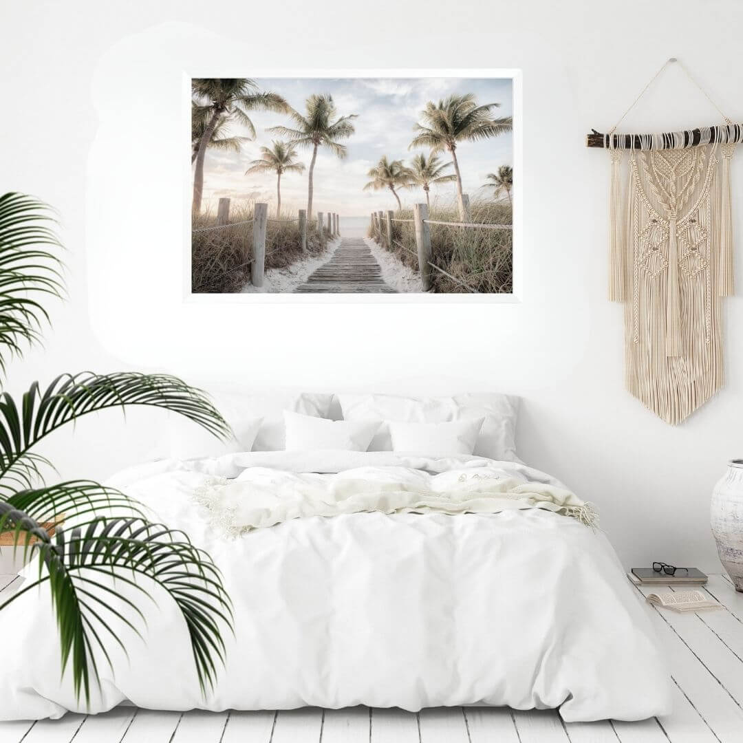 A wall art photo print of a pathway to a beach on the keys florida with palm trees with a white frame to decorate your bedroom empty walls