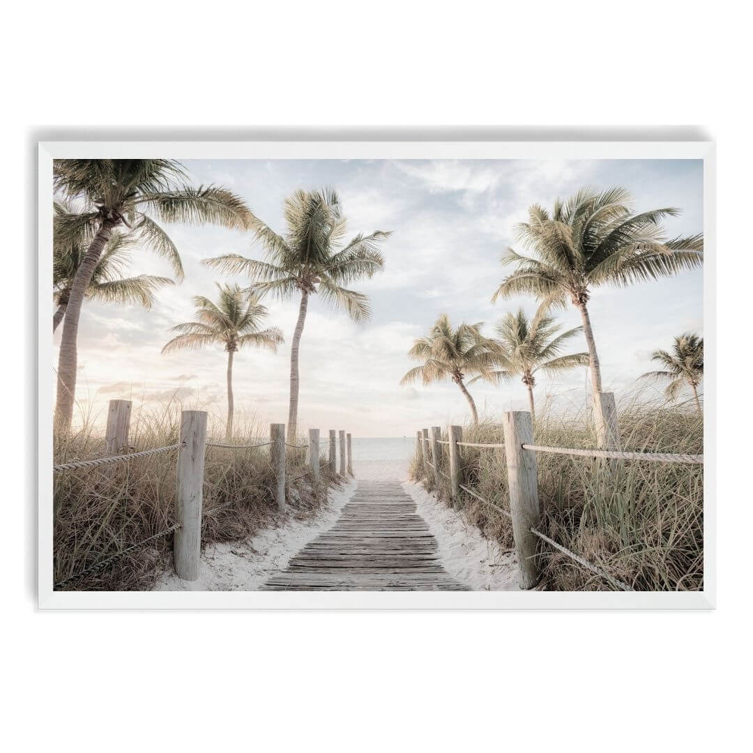 A wall art photo print of a pathway to a beach on the keys florida with palm trees with a white frame, no white border at Beautiful HomeDecor