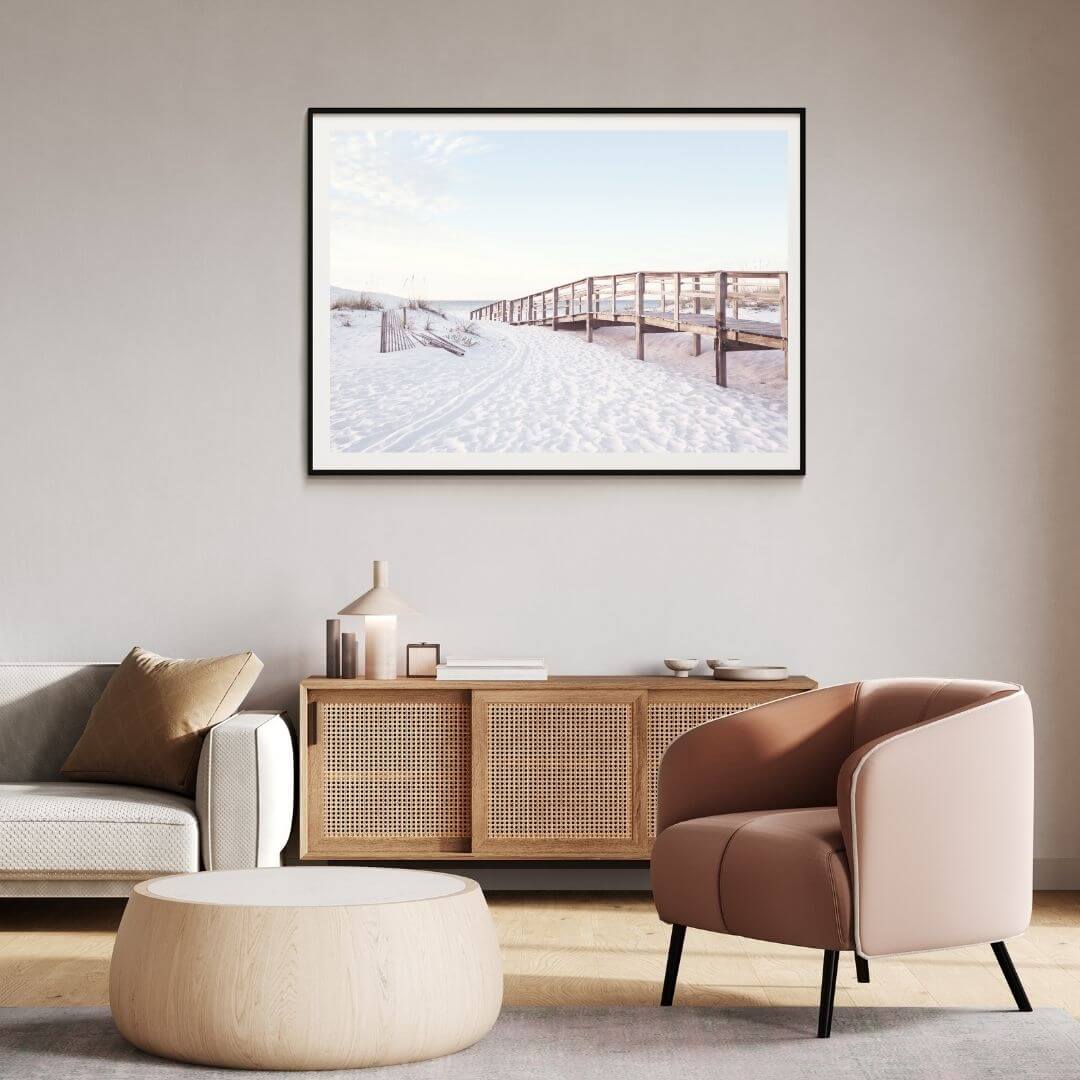 A wall art photo print of a beachside boardwalk with a black frame or unframed for you living room decor
