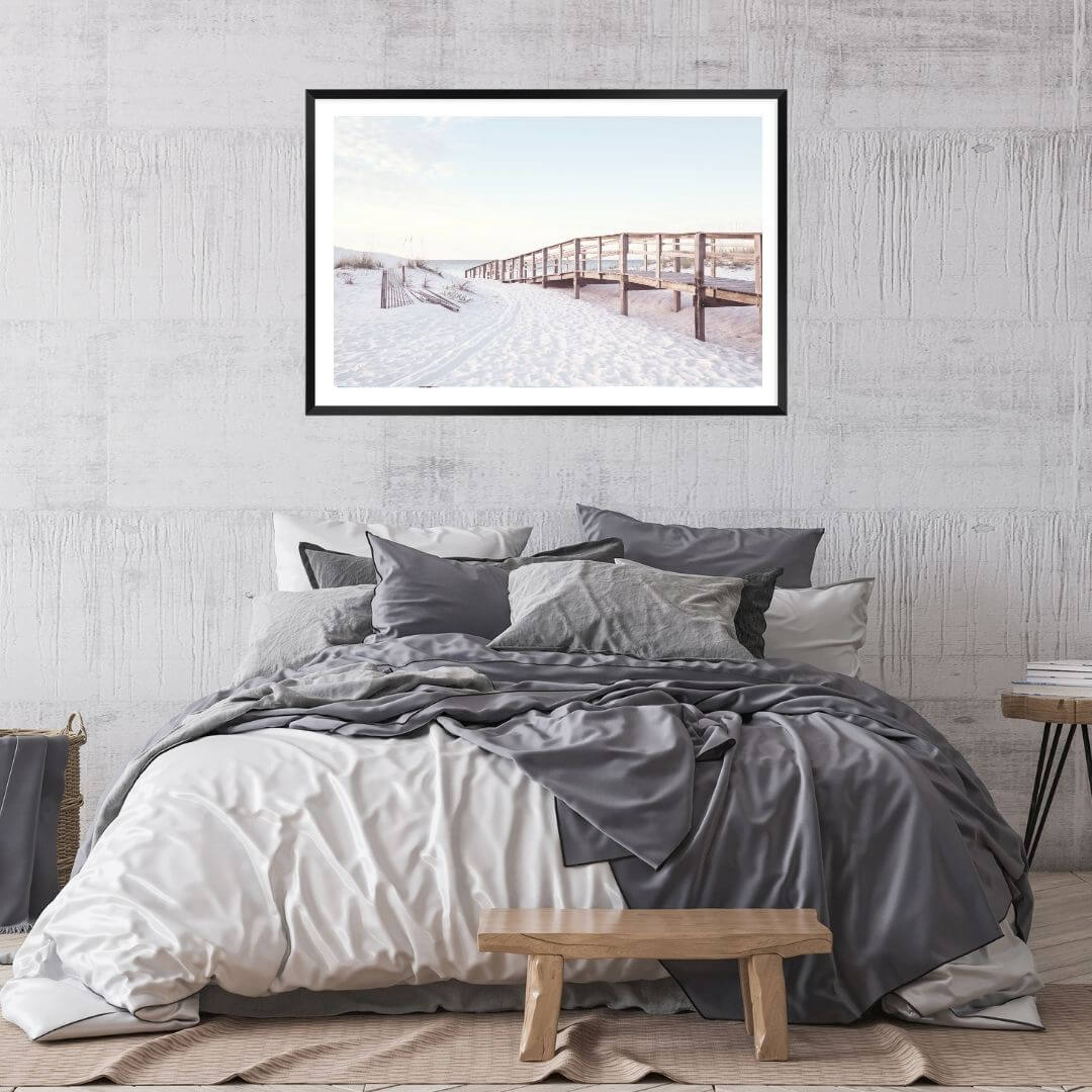 A wall art photo print of a beachside boardwalk with a black frame to decorate your bedroom by Beautiful HomeDecor