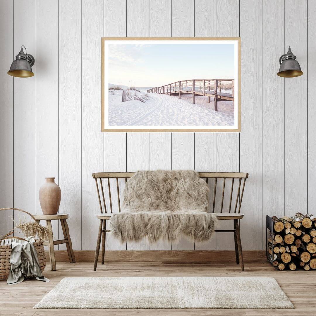 A wall art photo print of a beachside boardwalk with a timber frame in hallway shop online at Beautiful Home Decor with free shipping