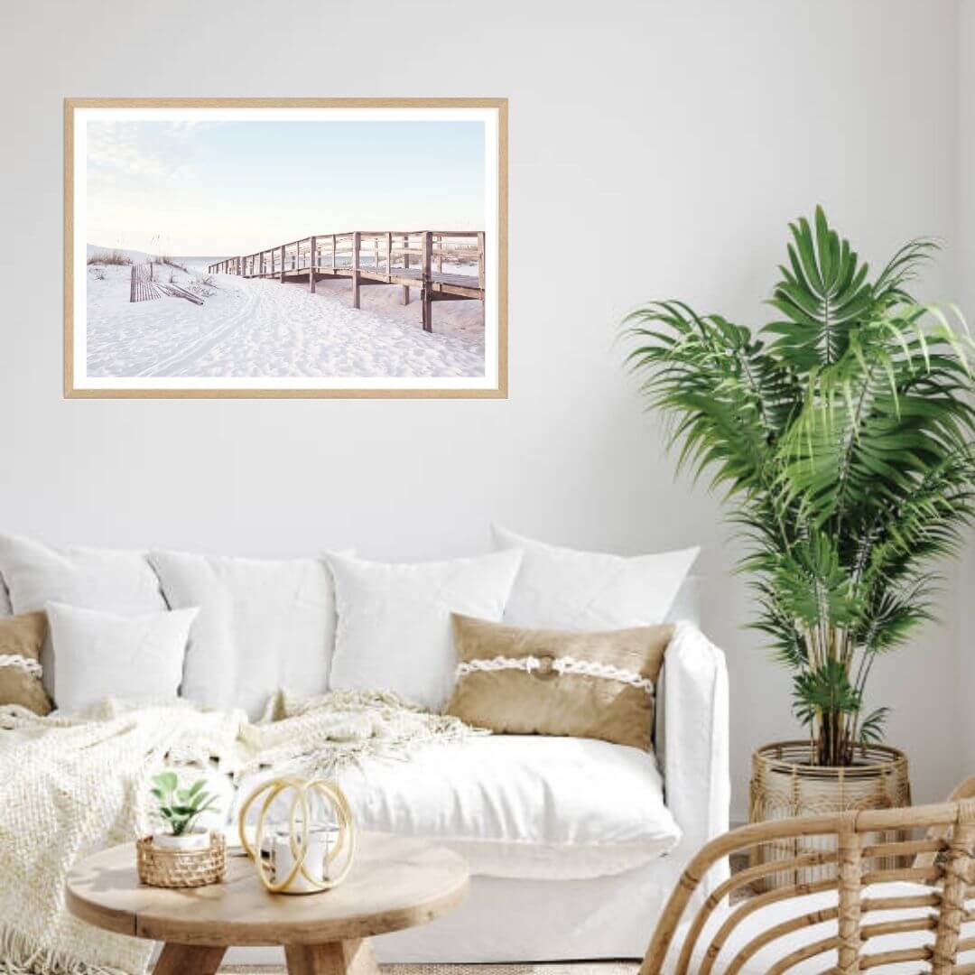 A wall art photo print of a beachside boardwalk with a timber frame for the living room by Beautiful Home Decor