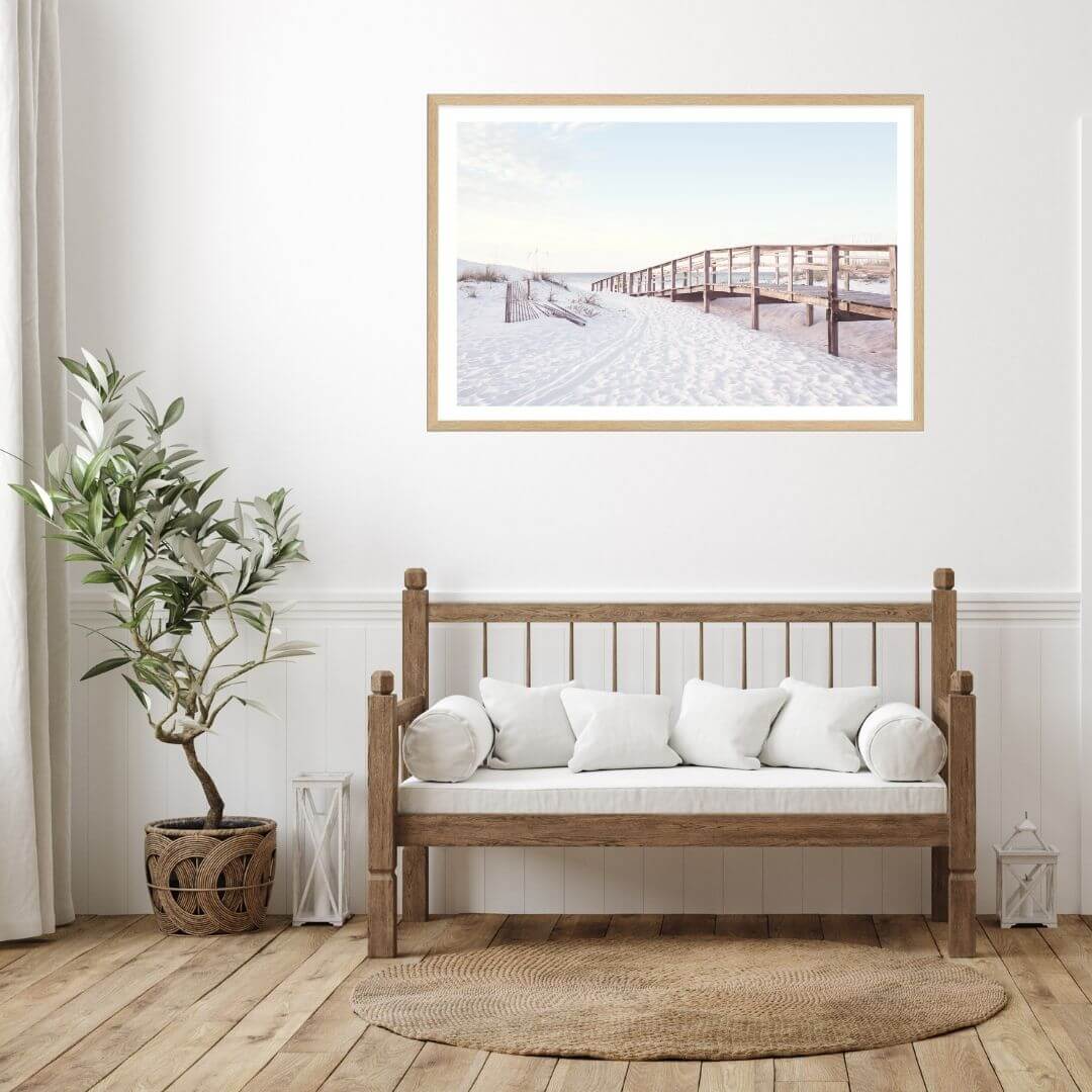 A wall art photo print of a beachside boardwalk with a timber frame or unframed for your hallway empty walls