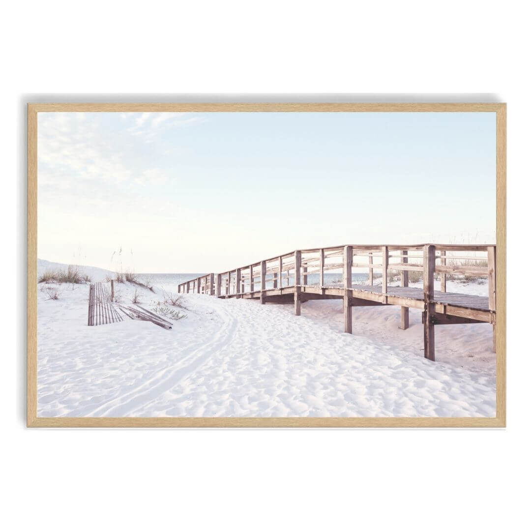 A wall art photo print of a beachside boardwalk with a timber frame, no white border at Beautiful HomeDecor