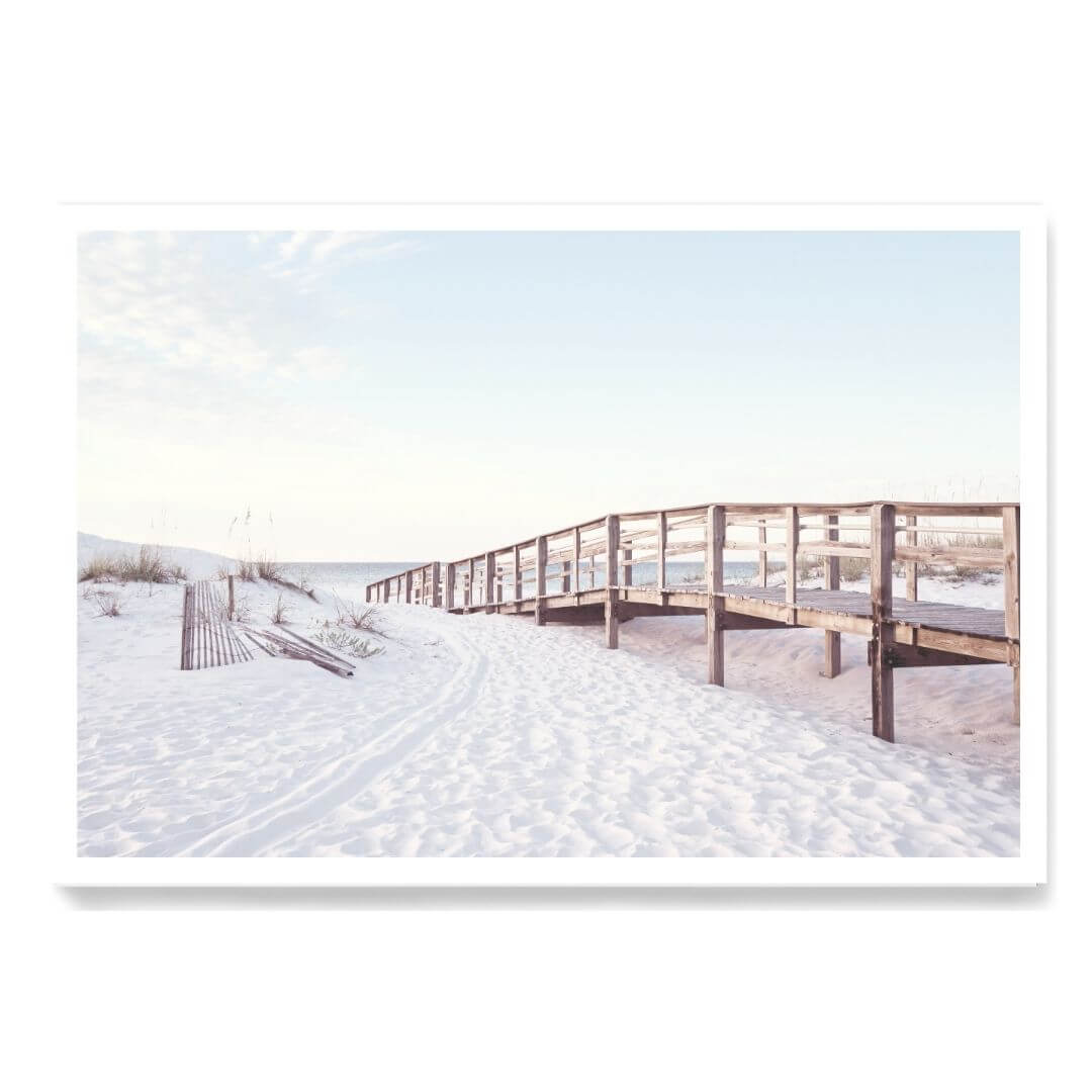A wall art photo print of a beachside boardwalk unframed with a white border by Beautiful HomeDecor