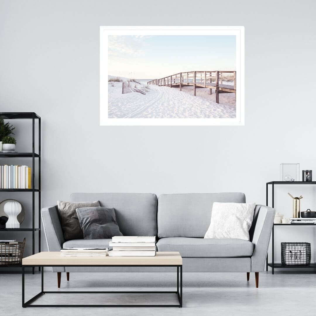 A wall art photo print of a beachside boardwalk with a white frame or unframed for your office study walls