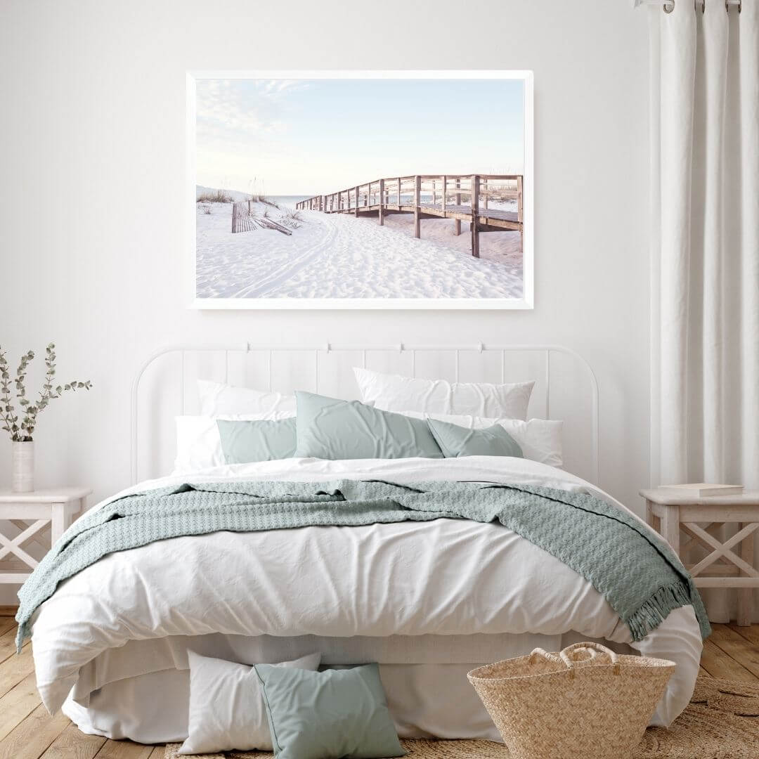 A wall art photo print of a beachside boardwalk with a white frame or unframed to decorate a wall in your bedroom