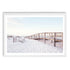 A wall art photo print of a beachside boardwalk with a white frame, white border by Beautiful Home Decor
