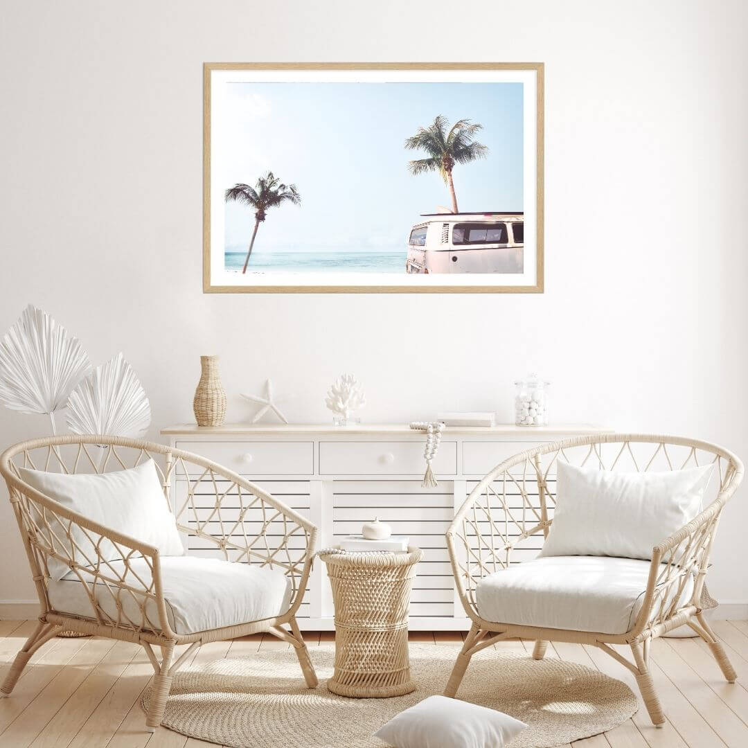 A wall art photo print of a blue beachside kombi van with a timber frame for the living room by Beautiful HomeDecor