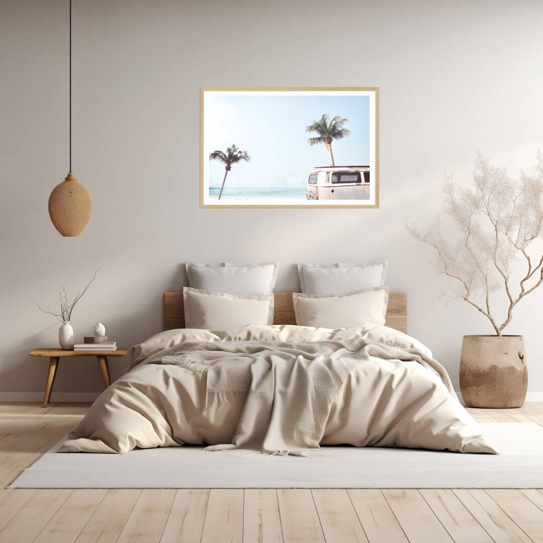 A wall art photo print of a blue beachside kombi van with a timber frame to decorate your bedroom by Beautiful Home Decor