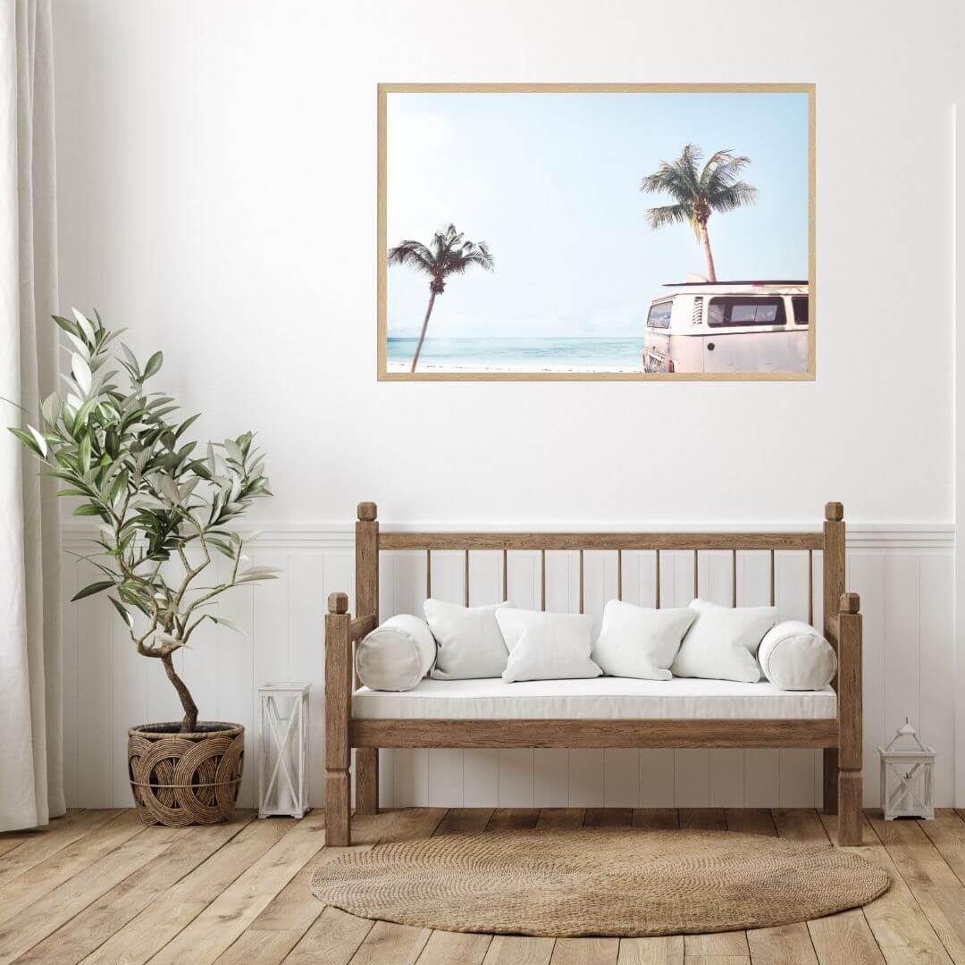 A wall art photo print of a blue beachside kombi van with a timber frame in hallway shop online at Beautiful Home Decor with free shipping