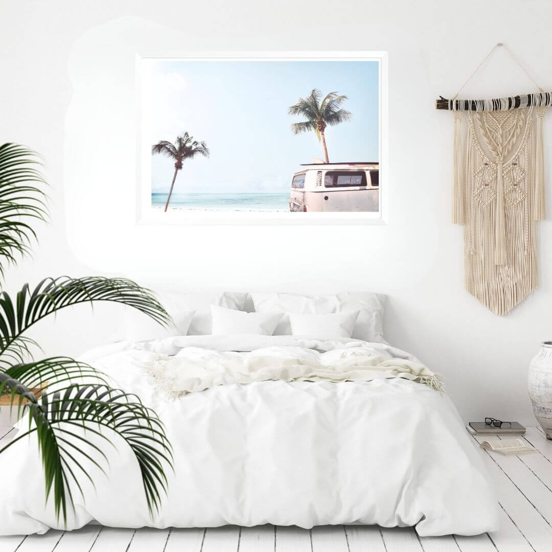A wall art photo print of a blue beachside kombi van with a white frame or unframed to style your coastal bedroom walls